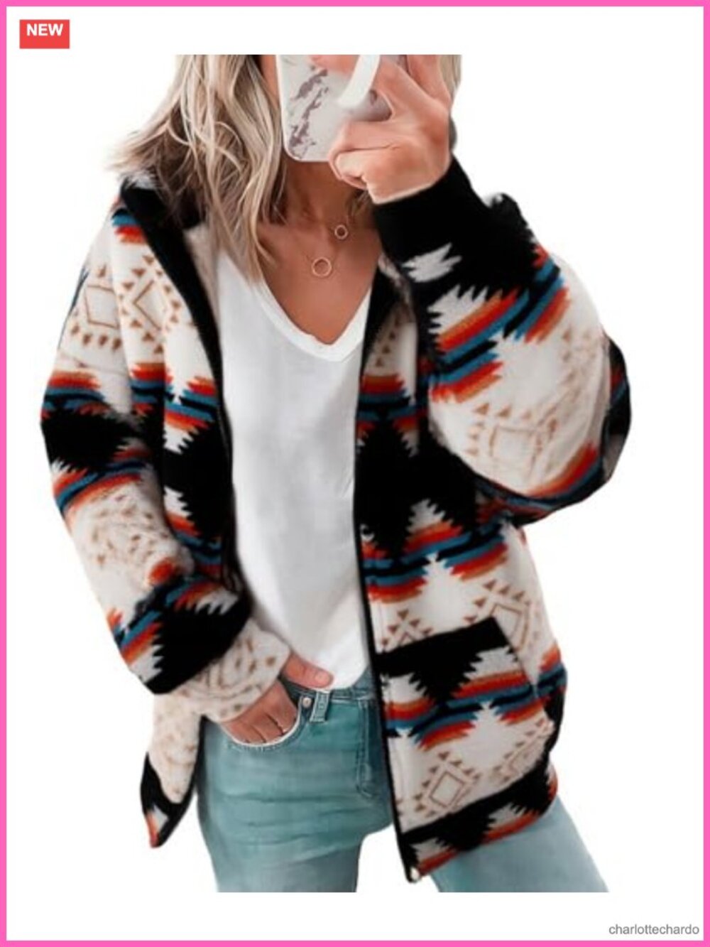 Women's Western Aztec Print Zip Up Sherpa Fleece Hooded Sweatshirt